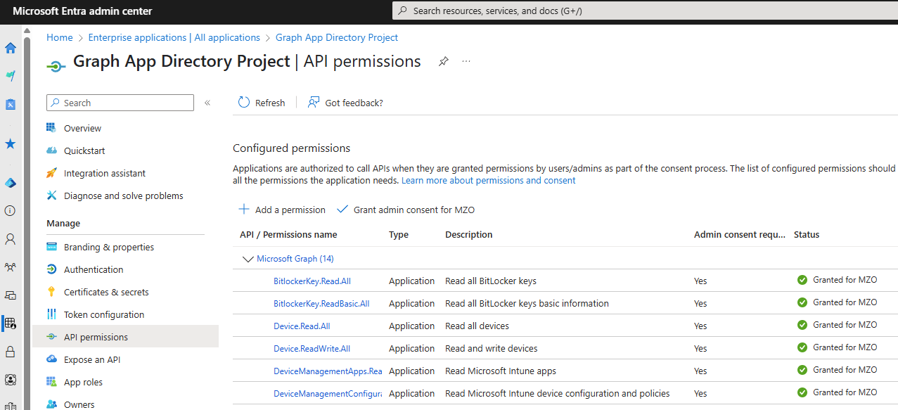 Screen snip of the Entra admin center illustrating some Application-based API permissions granted to a project.